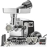 STX Turboforce II "Platinum" w/Foot Pedal Heavy Duty Electric Meat Grinder & Sausage Stuffer: 6 Grinding Plates, 3 S/S Blades, 3 Sausage Tubes, Kubbe, 2 Meat Claws, Burger-Slider Patty Maker - Black